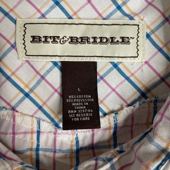 Bit & Bridle Womens Pearl Snap Shirt Large Pink Blue White Plaid Pockets Western - Picture 2 of 8